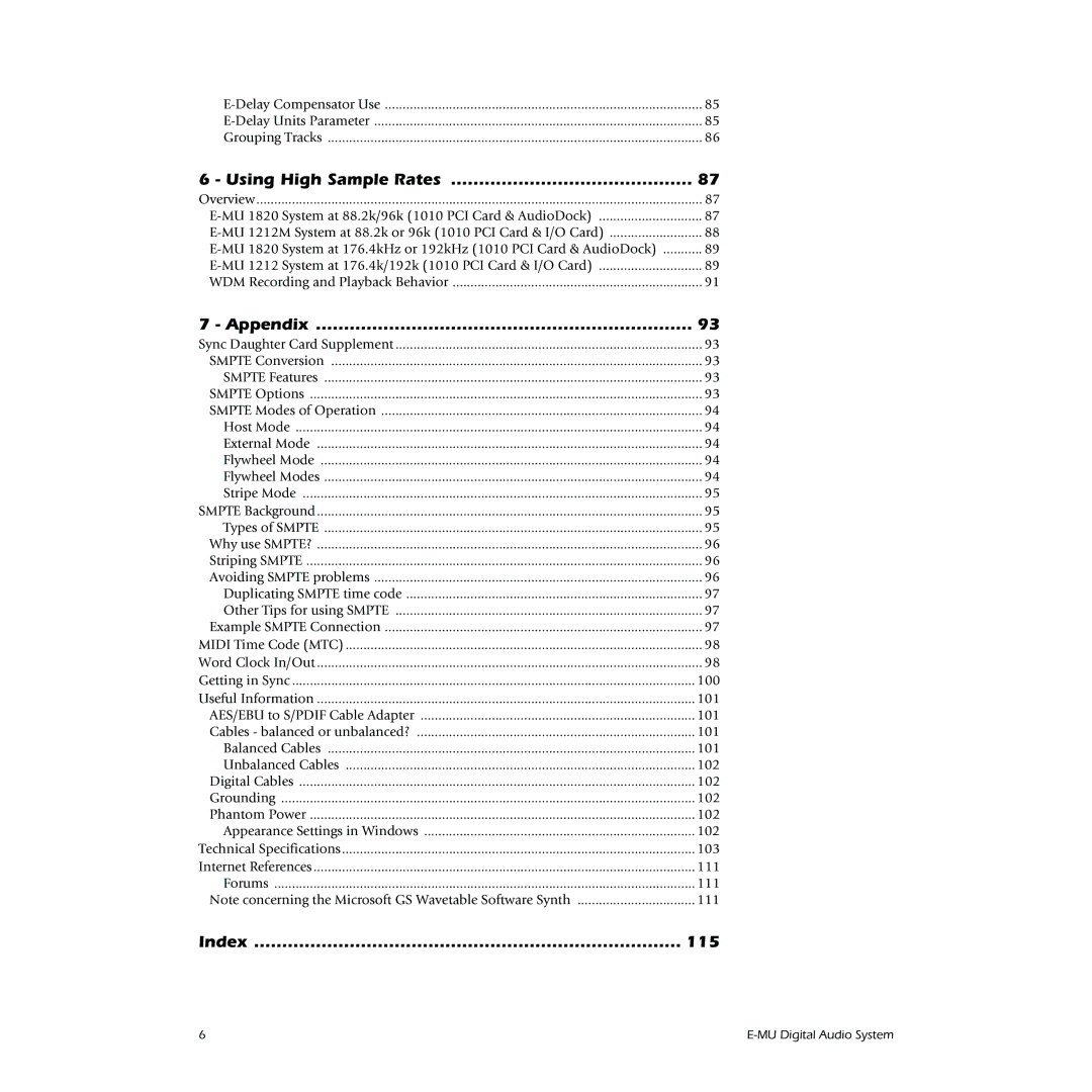 Creative 1212M, 1820M owner manual Using High Sample Rates, Appendix, Index 115 