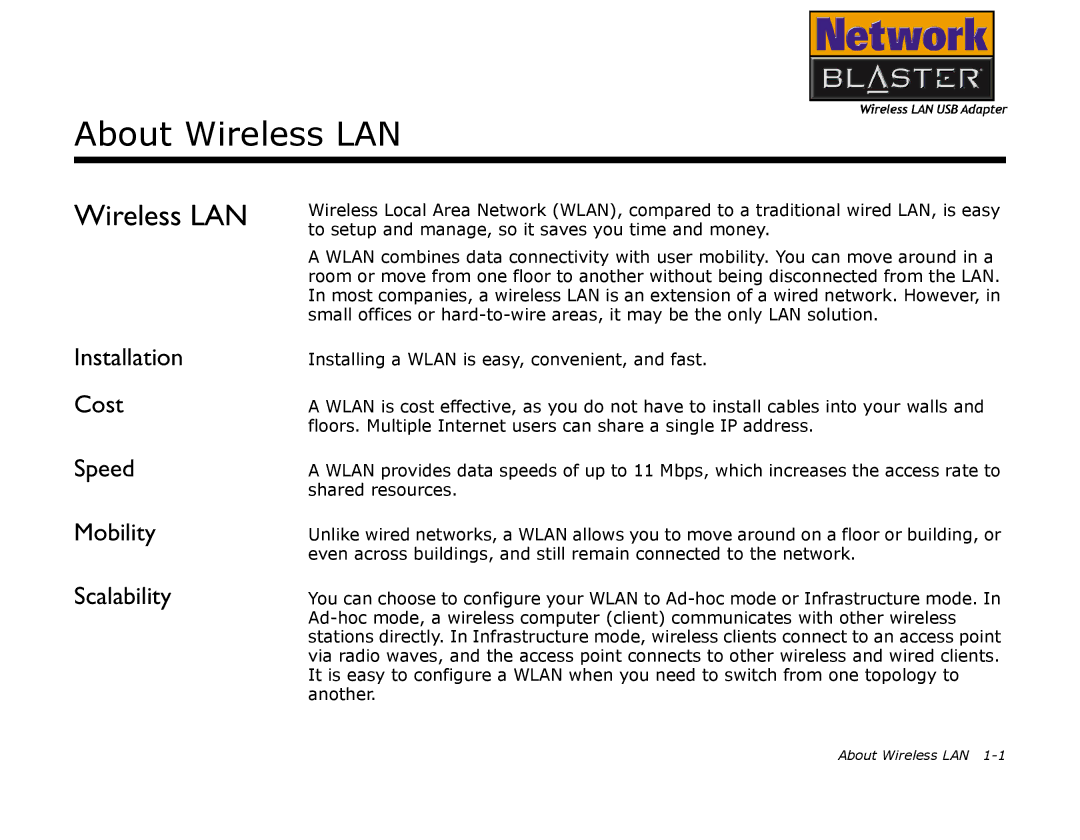 Creative 2030 manual About Wireless LAN, Installation Cost Speed Mobility Scalability 