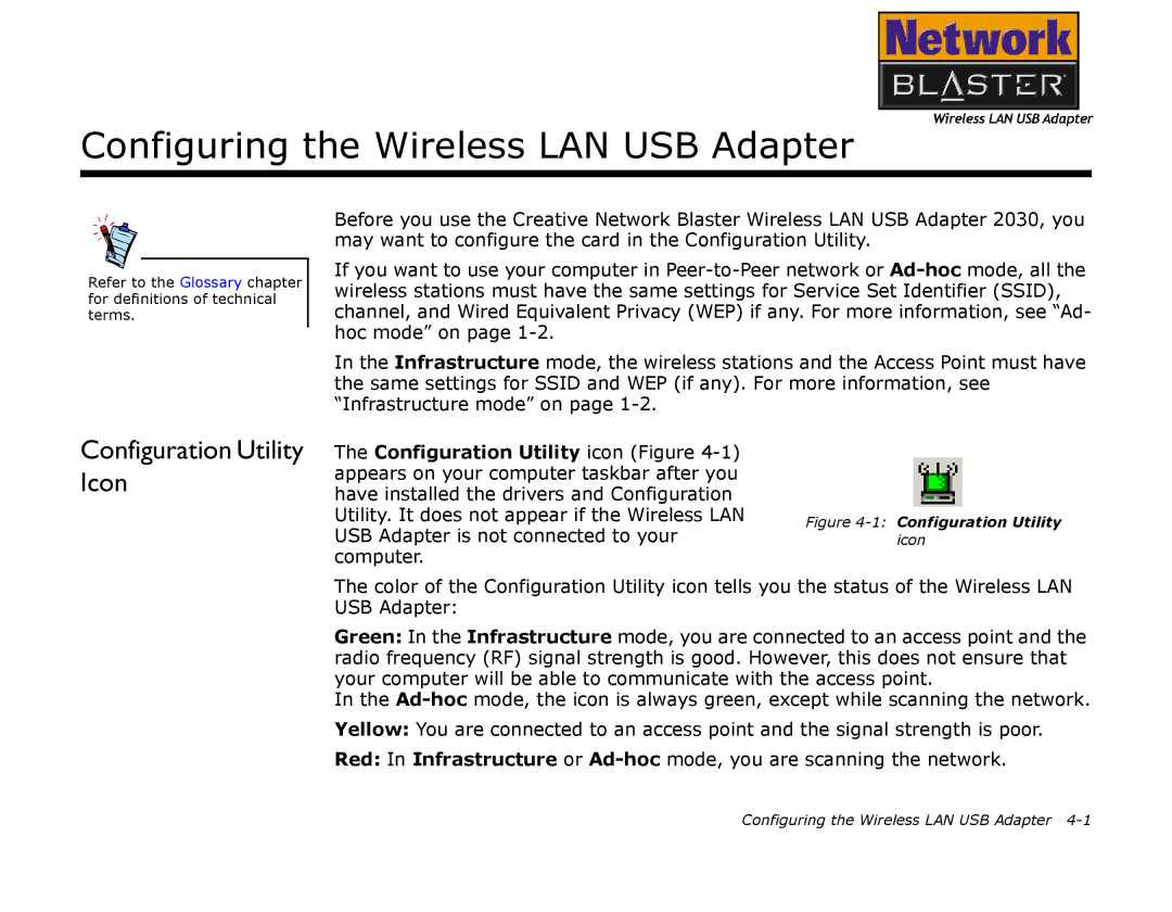 Creative 2030 manual Configuring the Wireless LAN USB Adapter, Configuration Utility Icon 