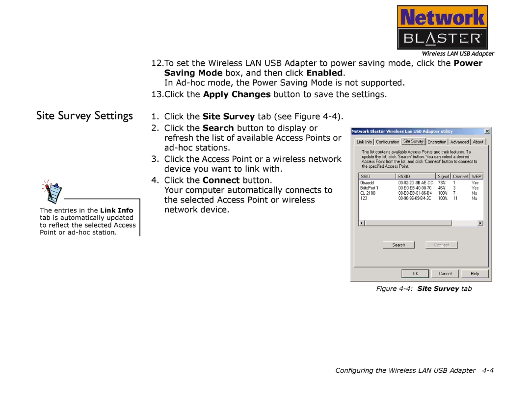 Creative 2030 manual Site Survey Settings, Site Survey tab Configuring the Wireless LAN USB Adapter 