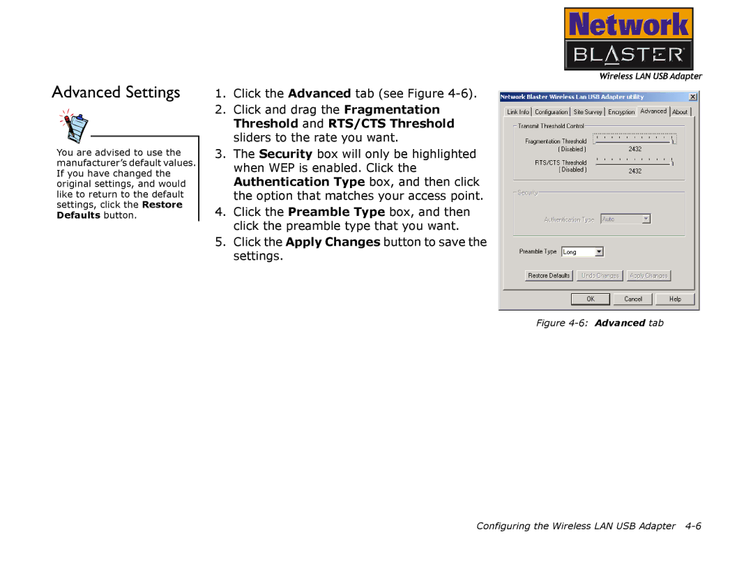 Creative 2030 manual Advanced Settings, Advanced tab Configuring the Wireless LAN USB Adapter 