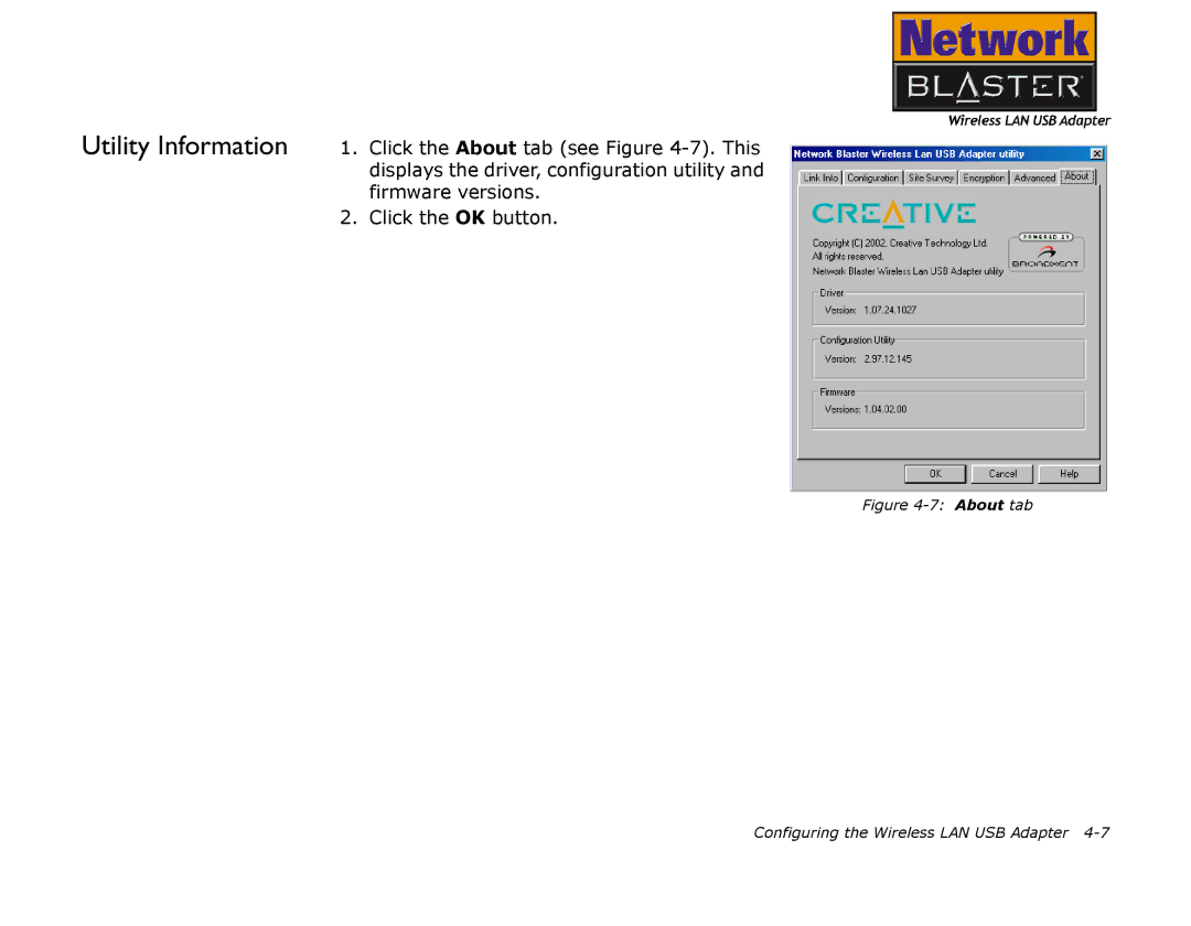 Creative 2030 manual About tab Configuring the Wireless LAN USB Adapter 