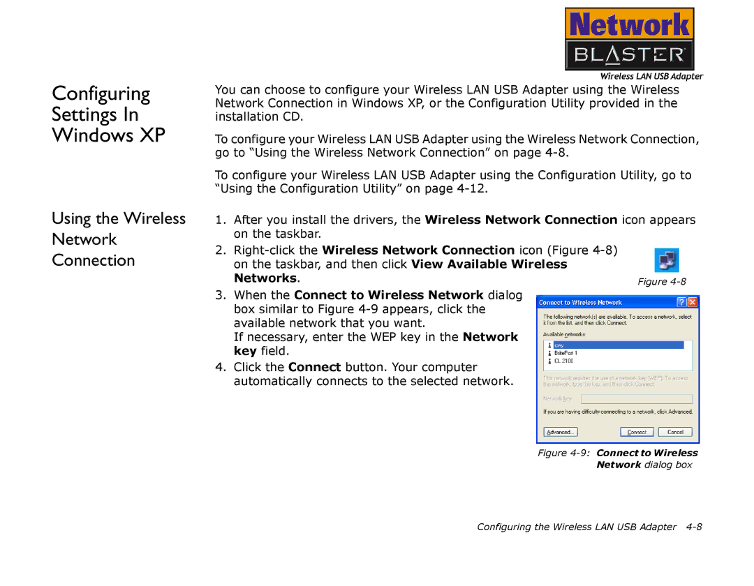 Creative 2030 manual Configuring Settings Windows XP, Using the Wireless Network Connection 