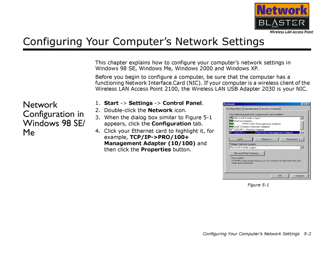 Creative 2030 manual Configuring Your Computer’s Network Settings, Network Configuration Windows 98 SE 