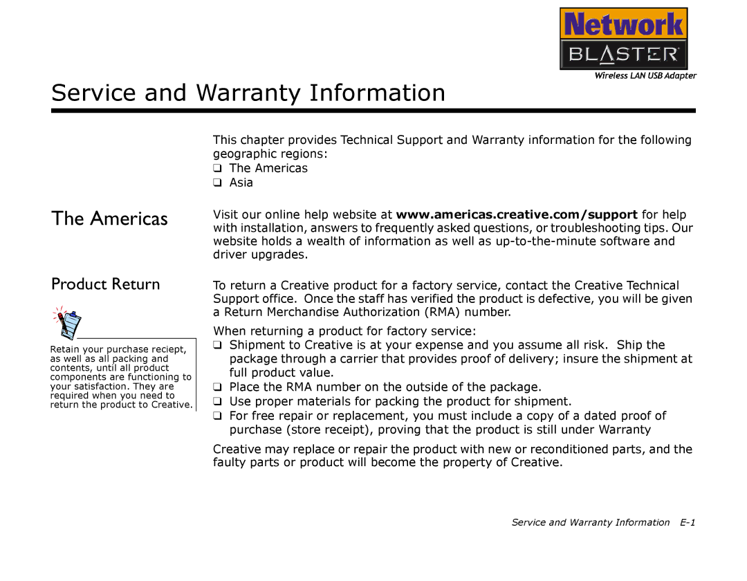 Creative 2030 manual Service and Warranty Information, Americas, Product Return 