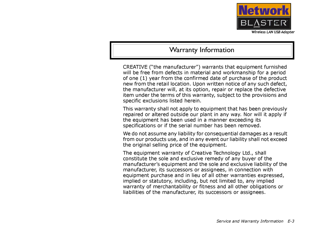 Creative 2030 manual Warranty Information 