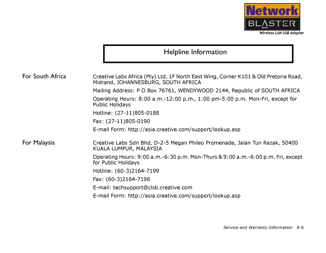 Creative 2030 manual Helpline Information, For South Africa For Malaysia 