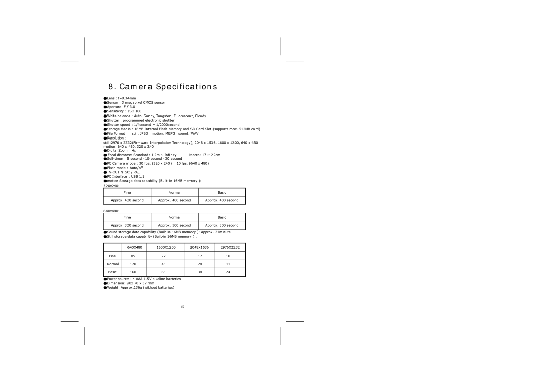 Creative 316 manual Camera Specifications, Tv-Outntsc / Pal 