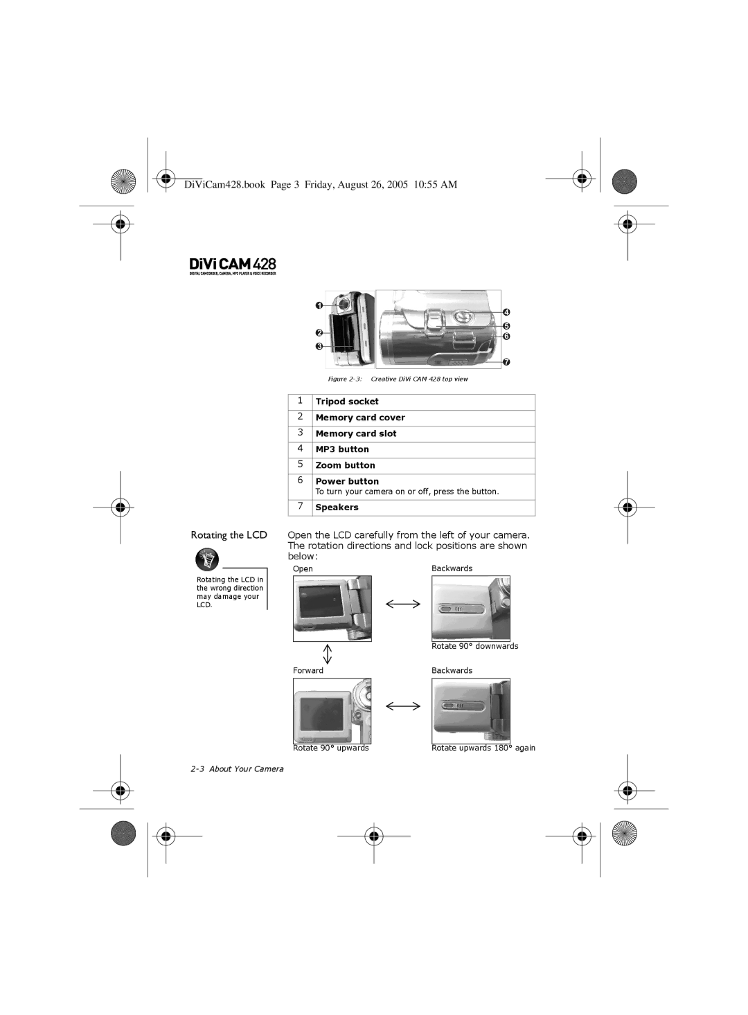 Creative manual Rotating the LCD, Creative DiVi CAM 428 top view 