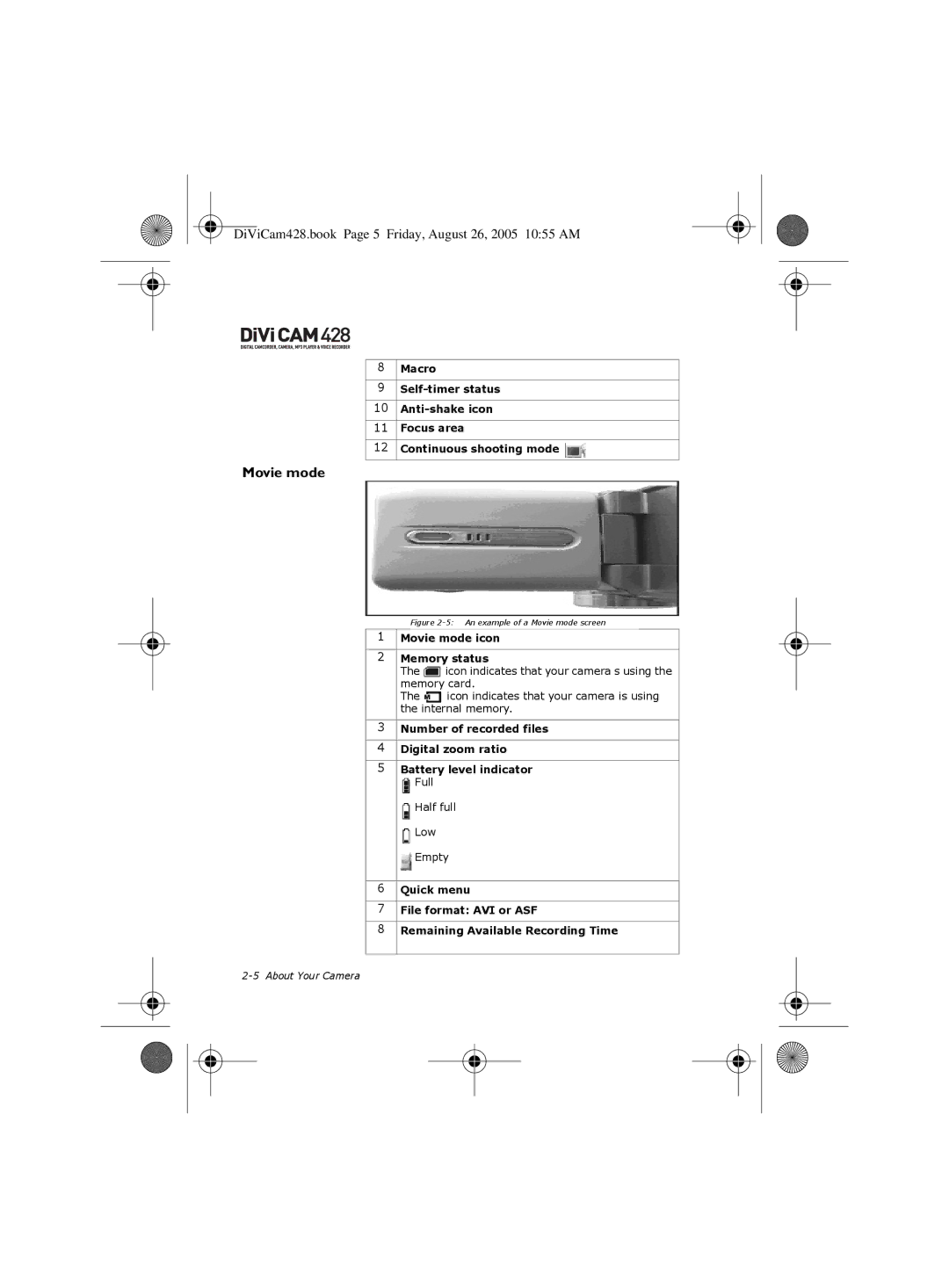 Creative 428 manual An example of a Movie mode screen 