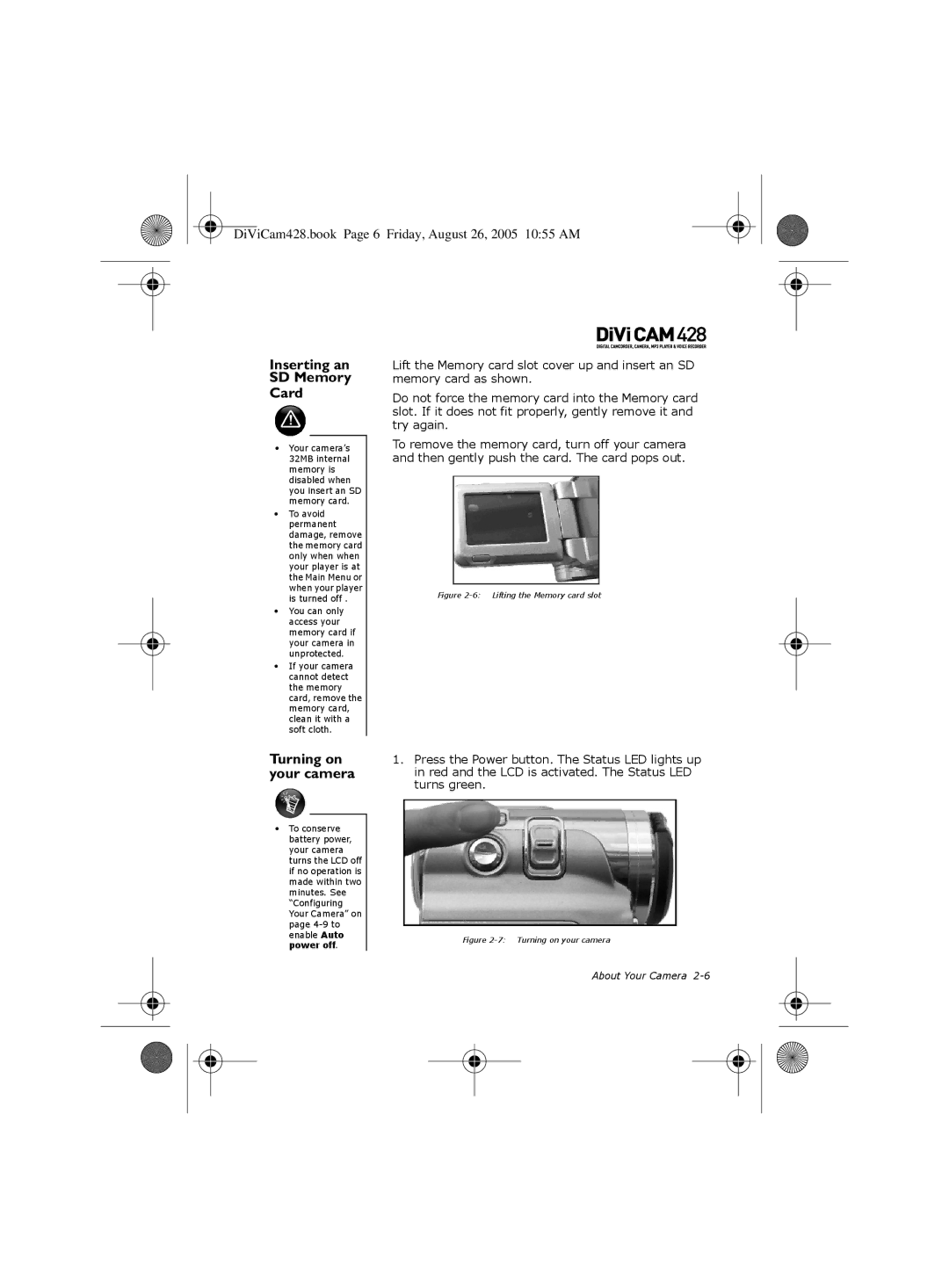 Creative 428 manual Inserting an SD Memory Card, Turning on your camera 