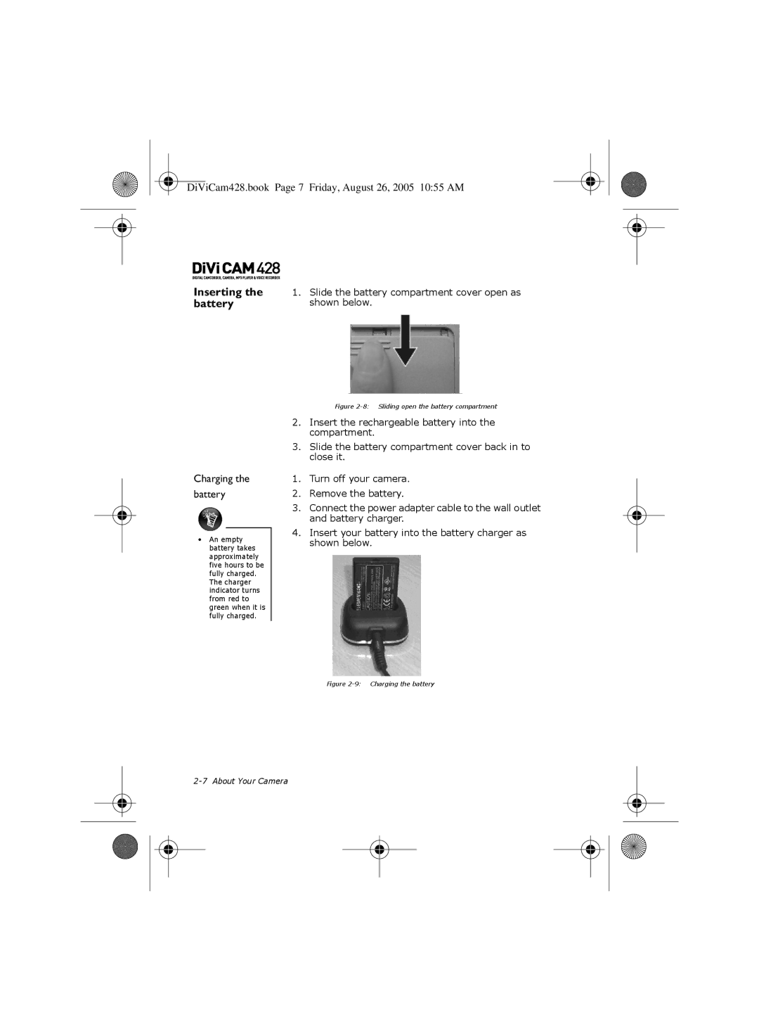 Creative 428 manual Inserting the battery, Charging Battery 