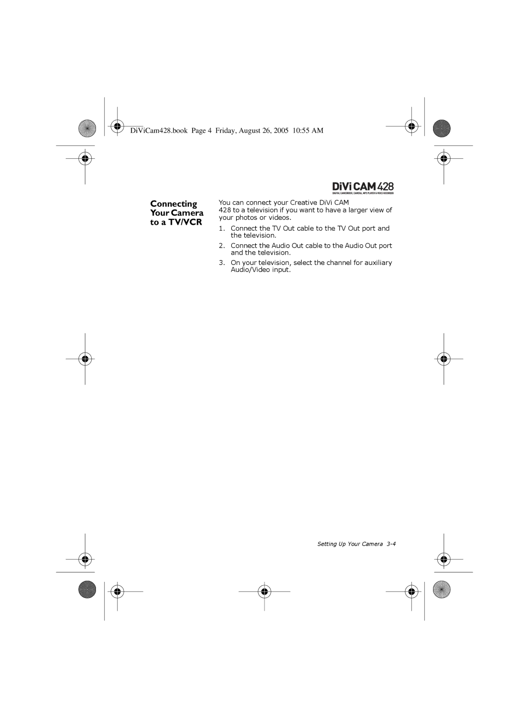 Creative 428 manual Connecting Your Camera to a TV/VCR 