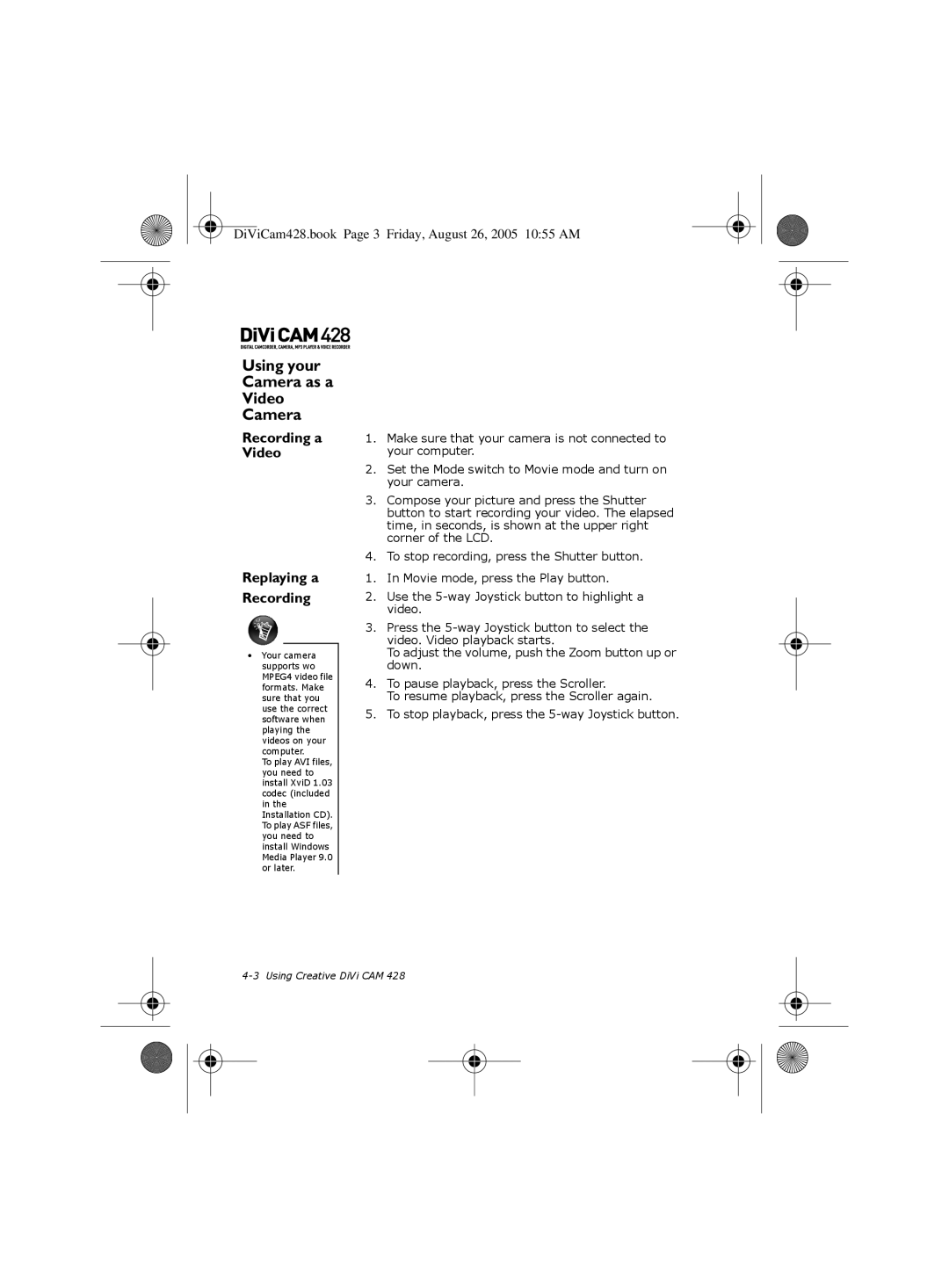 Creative 428 manual Using your Camera as a Video Camera, Recording a Video Replaying a 