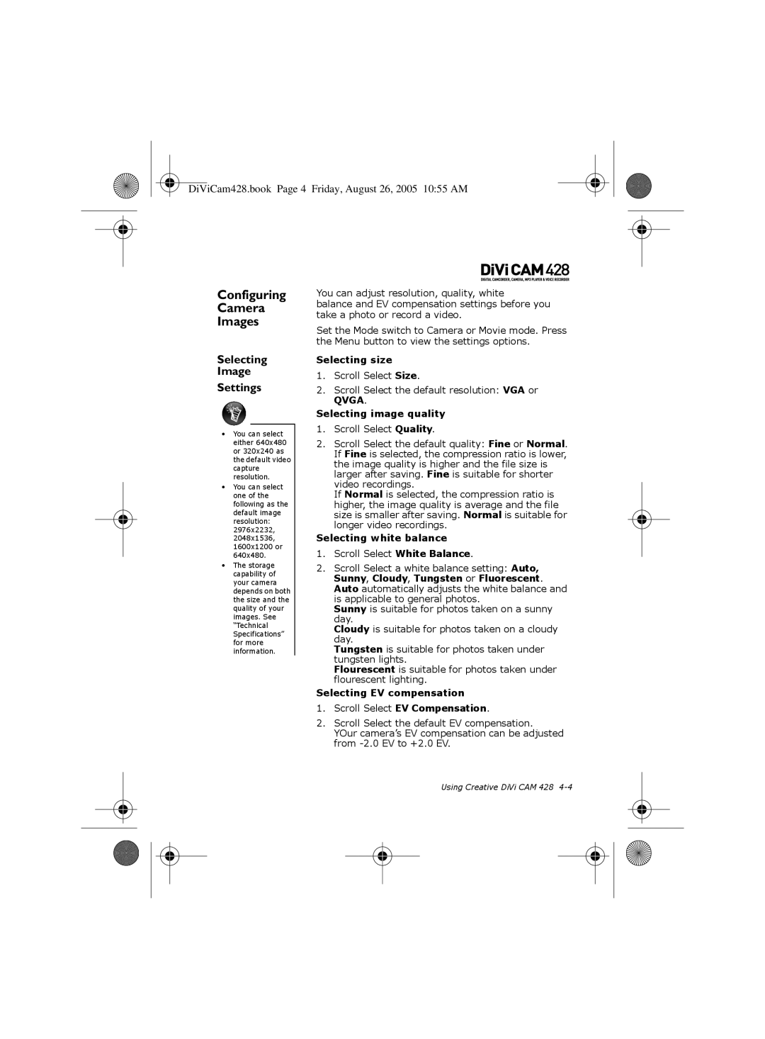 Creative 428 manual Configuring Camera Images, Selecting Image Settings 