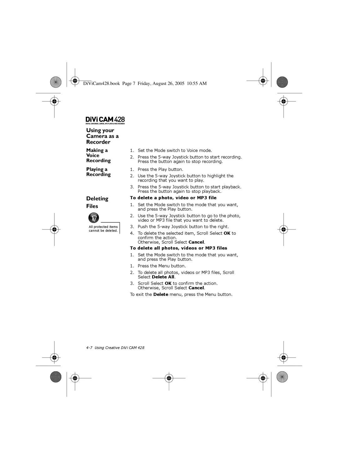 Creative 428 manual Using your Camera as a Recorder, Deleting Files, Making a Voice Recording Playing a Recording 