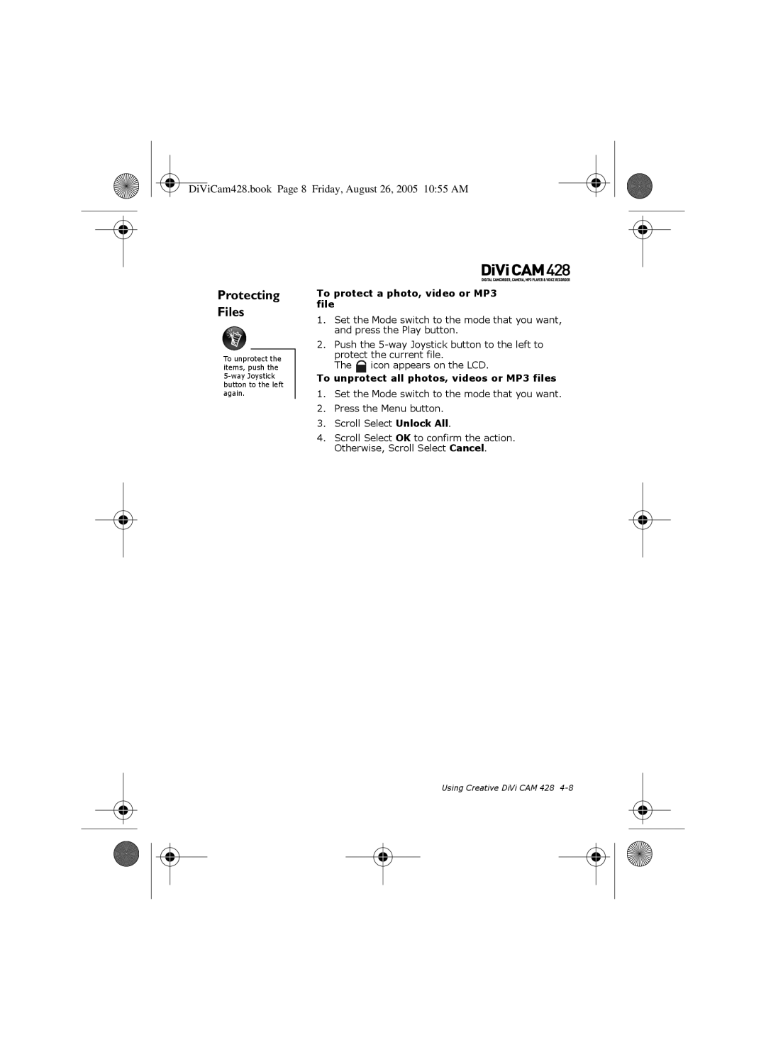 Creative 428 manual Protecting Files, To protect a photo, video or MP3 file, To unprotect all photos, videos or MP3 files 