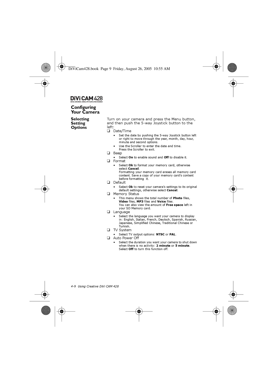 Creative 428 manual Configuring Your Camera, Selecting, Setting, Options 