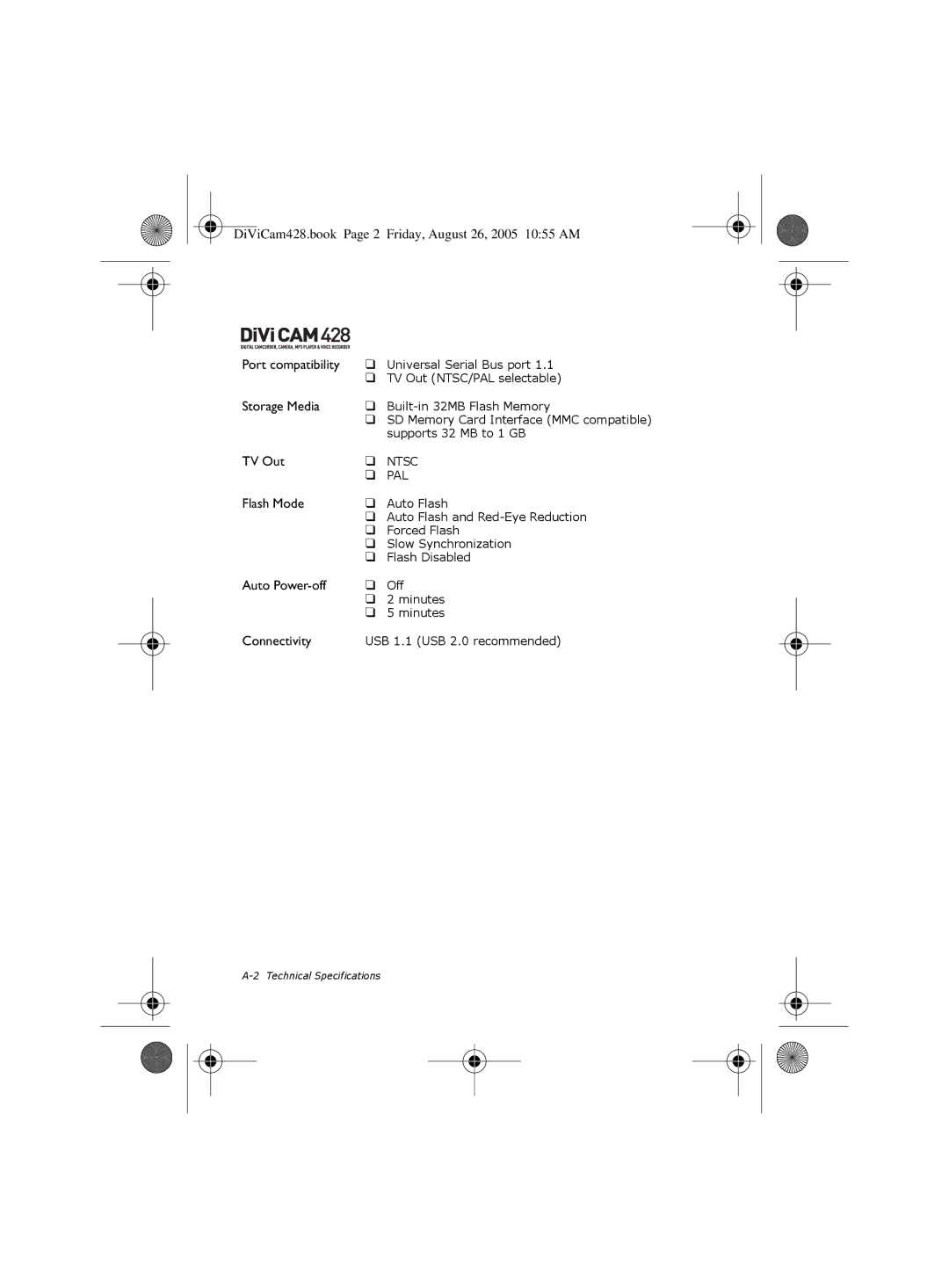 Creative 428 manual Port compatibility, Storage Media, TV Out, Flash Mode, Auto Power-off, Connectivity 