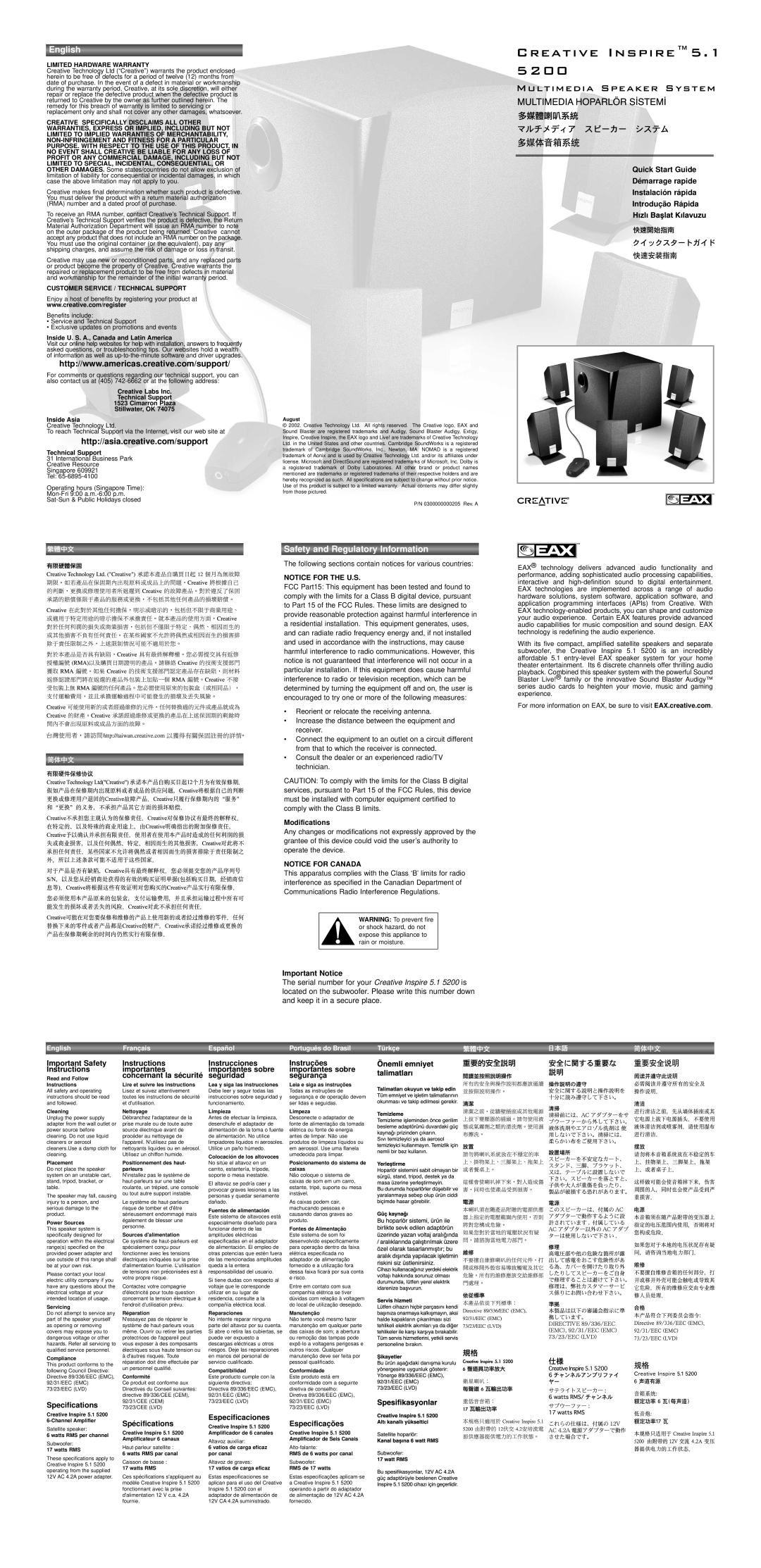 Creative 5200 quick start August, Read and Follow, Instructions, Cleaning, Placement, Power Sources, Servicing, Compliance 