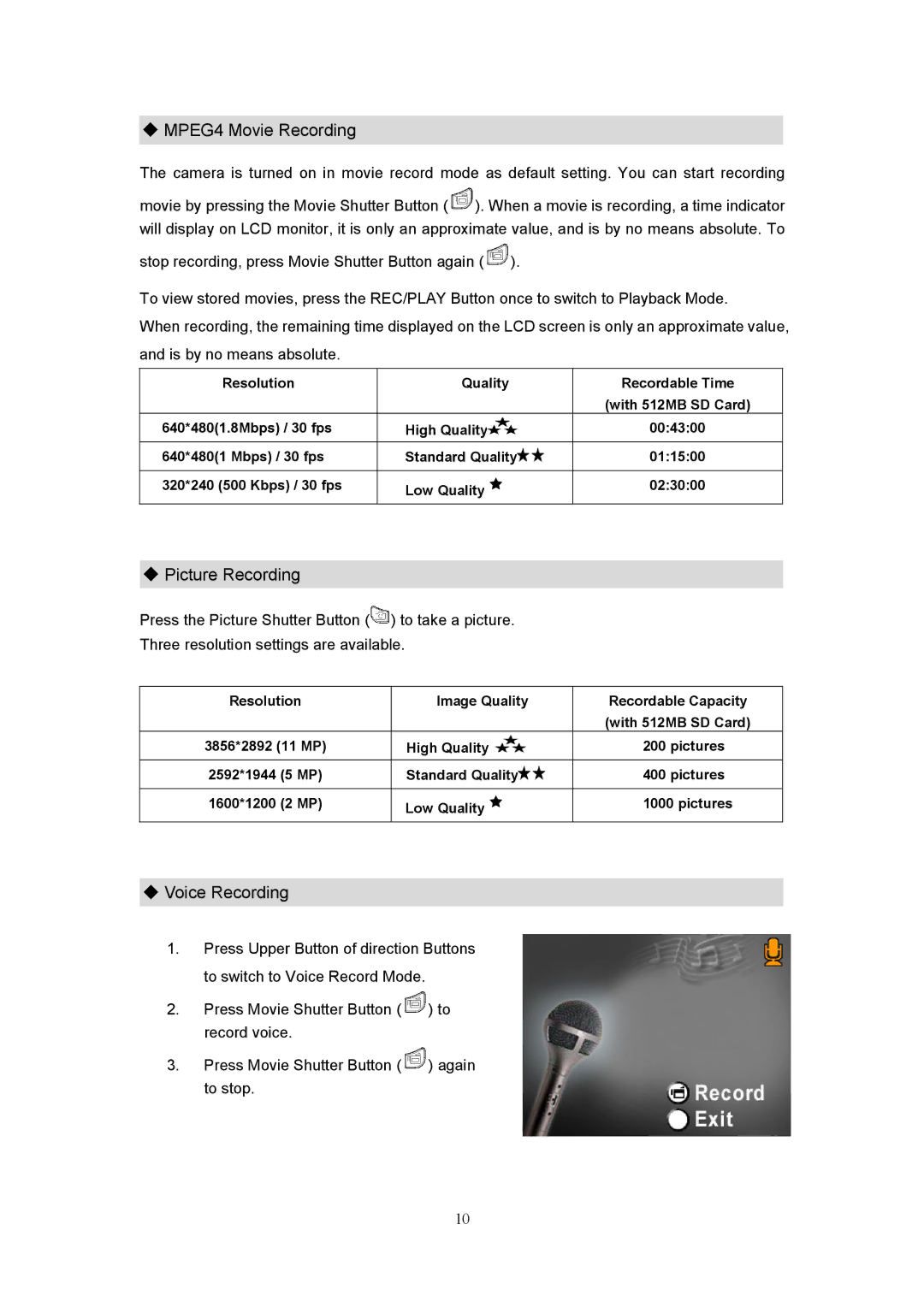 Creative 525D user manual MPEG4 Movie Recording, Picture Recording, Voice Recording 