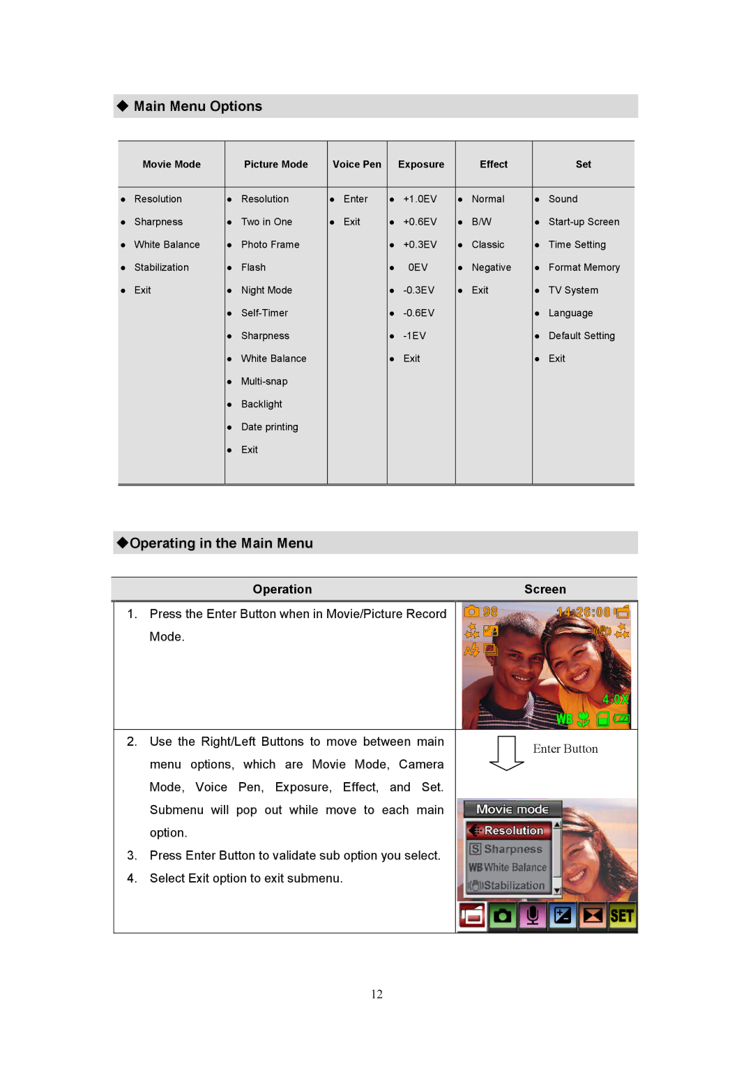 Creative 525D user manual Main Menu Options, Operating in the Main Menu, Operation Screen 