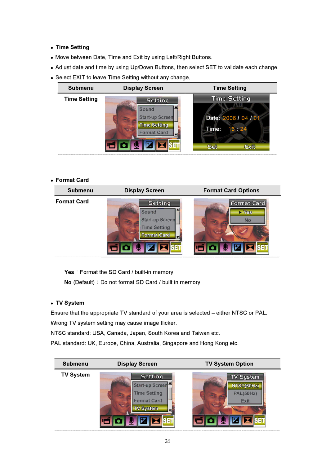 Creative 525D user manual Submenu Display Screen Time Setting, Format Card Submenu Display ScreenFormat Card Options 