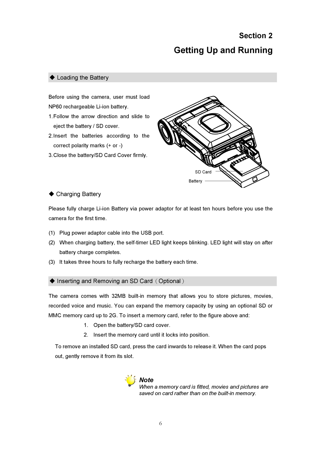 Creative 525D Getting Up and Running, Loading the Battery, Charging Battery, Inserting and Removing an SD Card（Optional） 