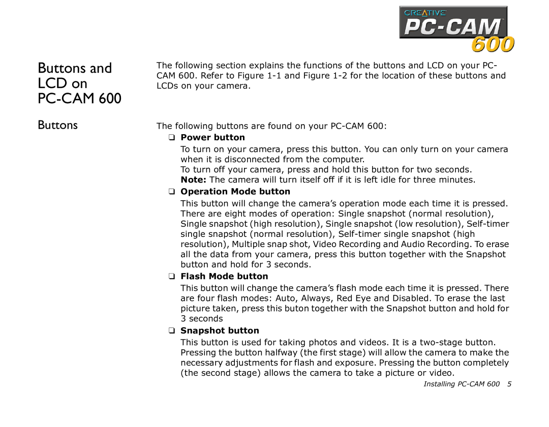 Creative 600 manual Buttons and LCD on PC-CAM 