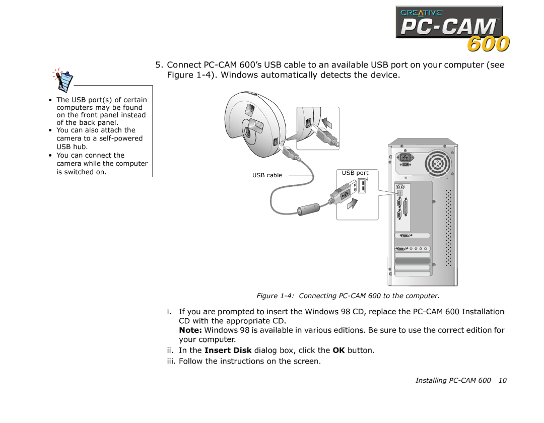 Creative manual Connecting PC-CAM 600 to the computer 