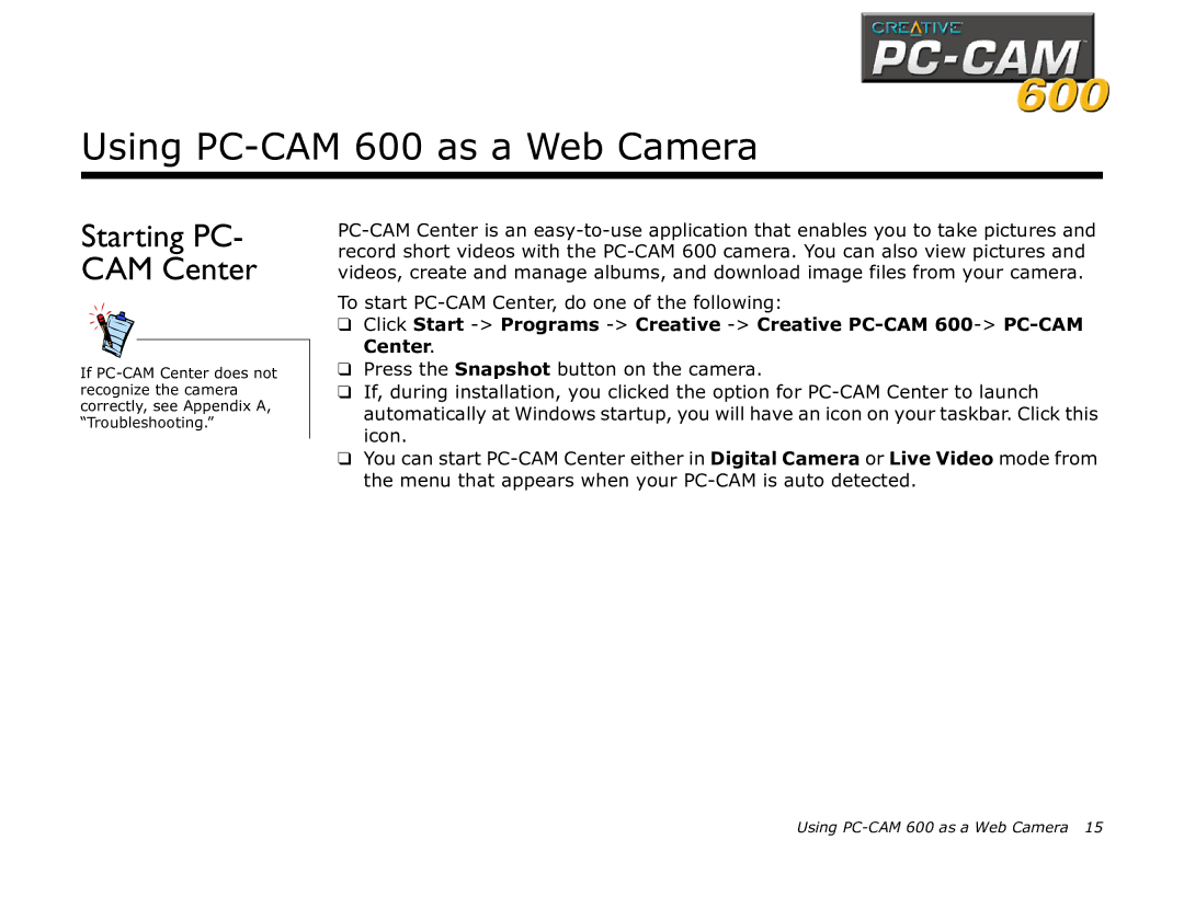 Creative manual Using PC-CAM 600 as a Web Camera, Starting PC- CAM Center 