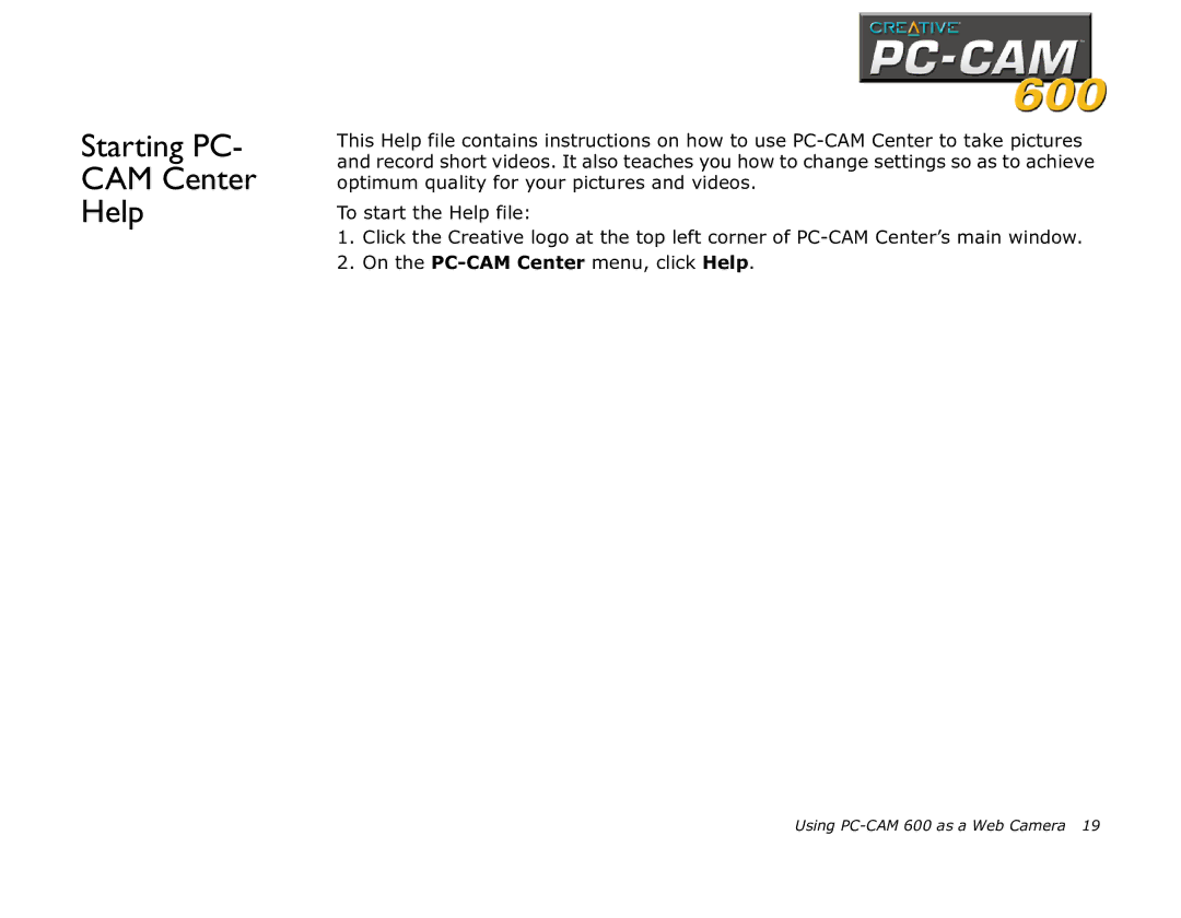 Creative 600 manual Starting PC CAM Center Help 