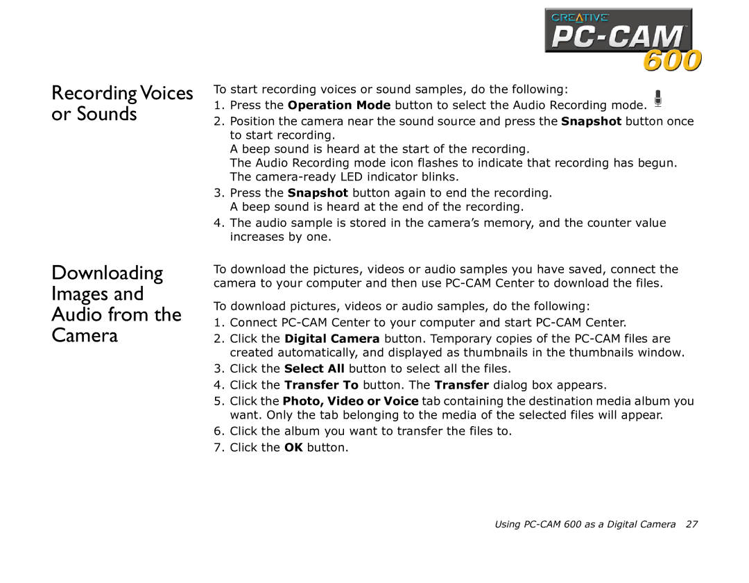 Creative 600 manual Downloading Images and Audio from the Camera 