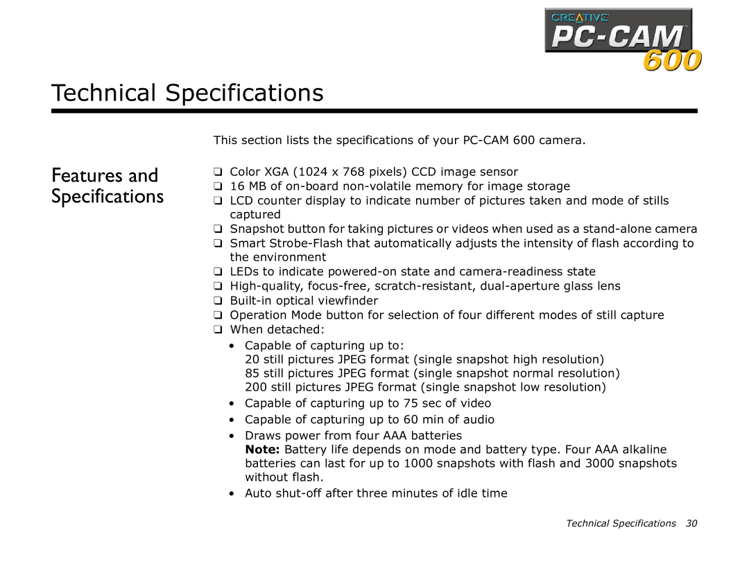 Creative 600 manual Technical Specifications 