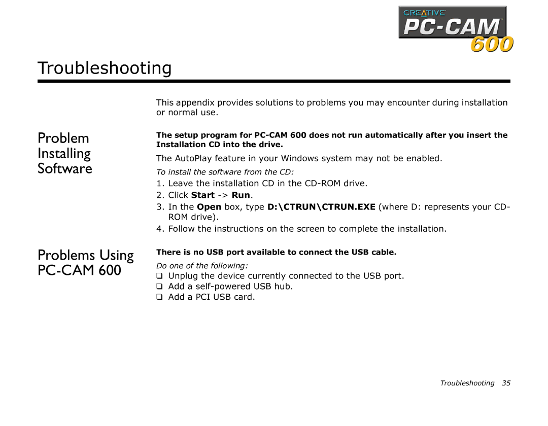 Creative 600 manual Troubleshooting, Problem Installing Software 