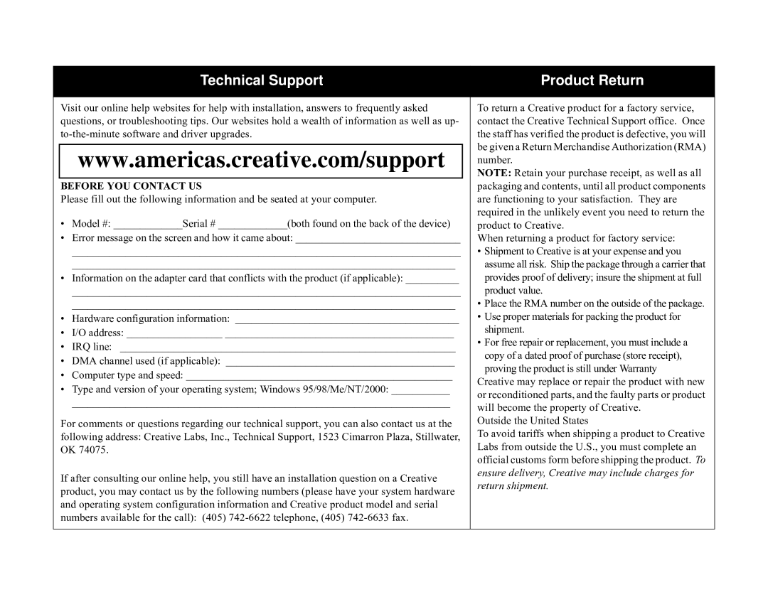 Creative 600 manual Technical Support Product Return 