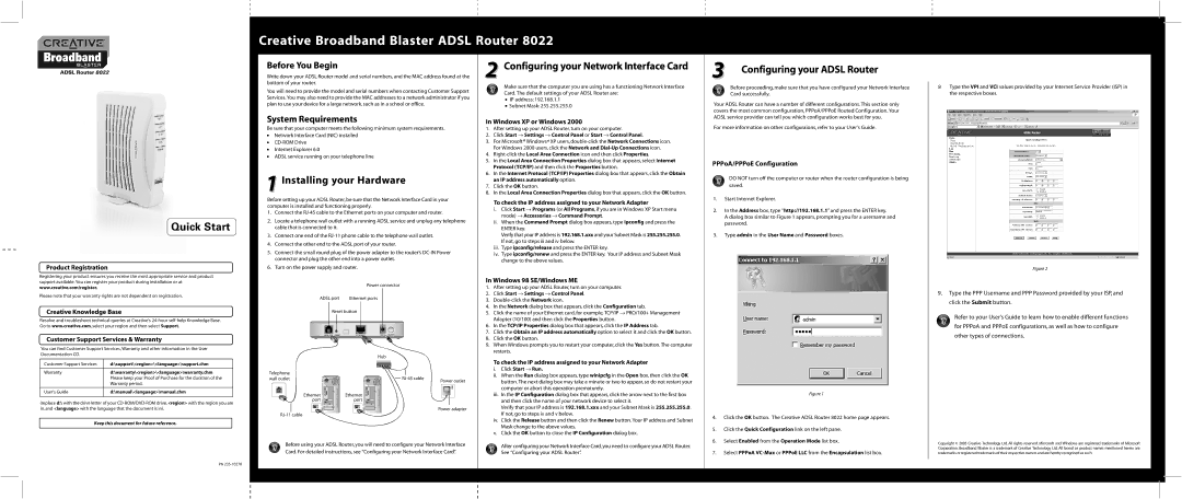 Creative 8022 quick start Installing your Hardware, Configuring your Network Interface Card, Configuring your Adsl Router 