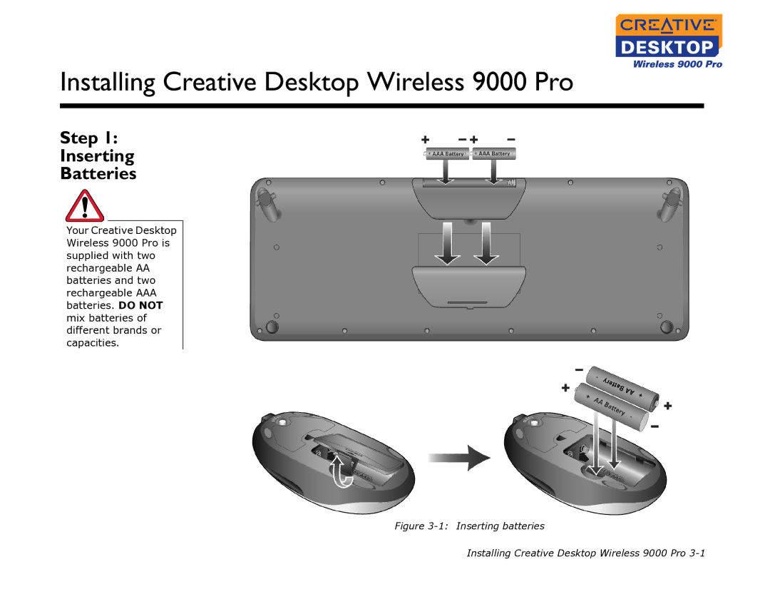 Creative manual Installing Creative Desktop Wireless 9000 Pro, Step Inserting Batteries 