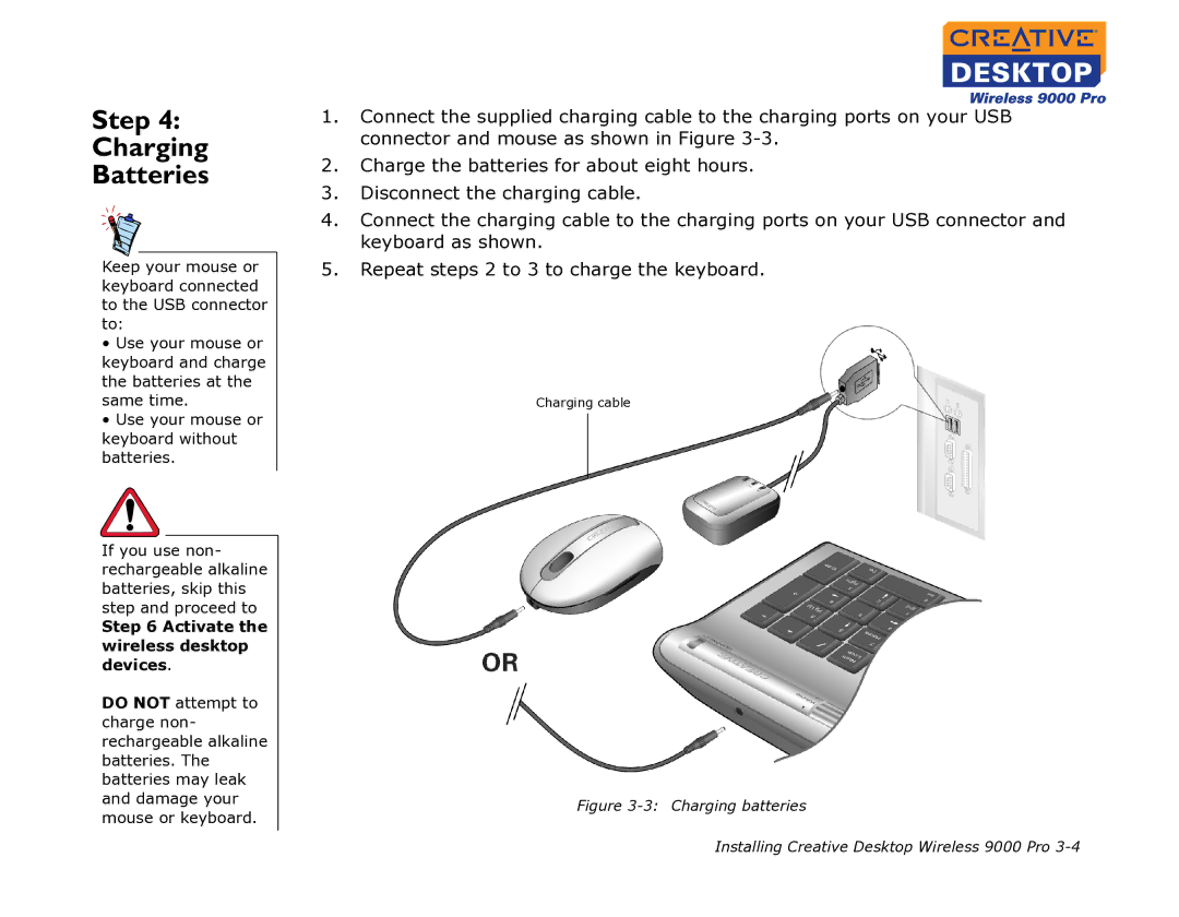 Creative 9000 Pro manual Step Charging Batteries, Activate the wireless desktop devices 