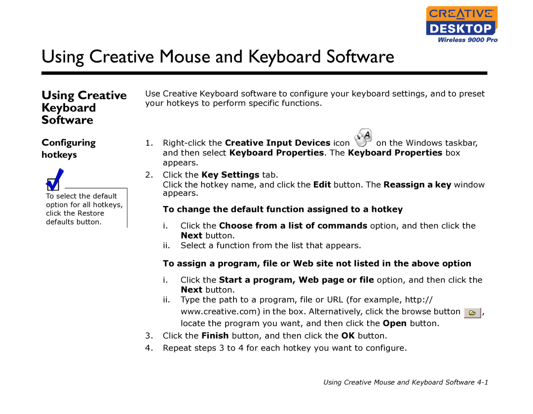 Creative 9000 Pro manual Using Creative Mouse and Keyboard Software, Using Creative Keyboard Software 