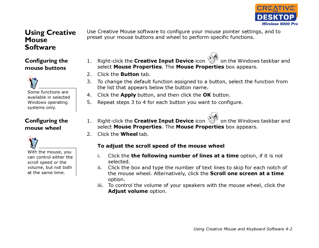 Creative 9000 Pro manual Using Creative Mouse Software, Configuring the mouse wheel 