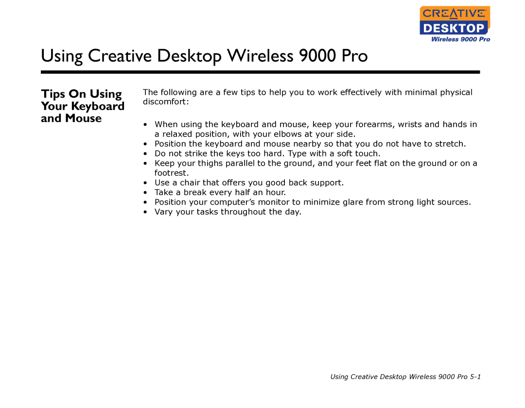 Creative manual Using Creative Desktop Wireless 9000 Pro, Tips On Using Your Keyboard Mouse 