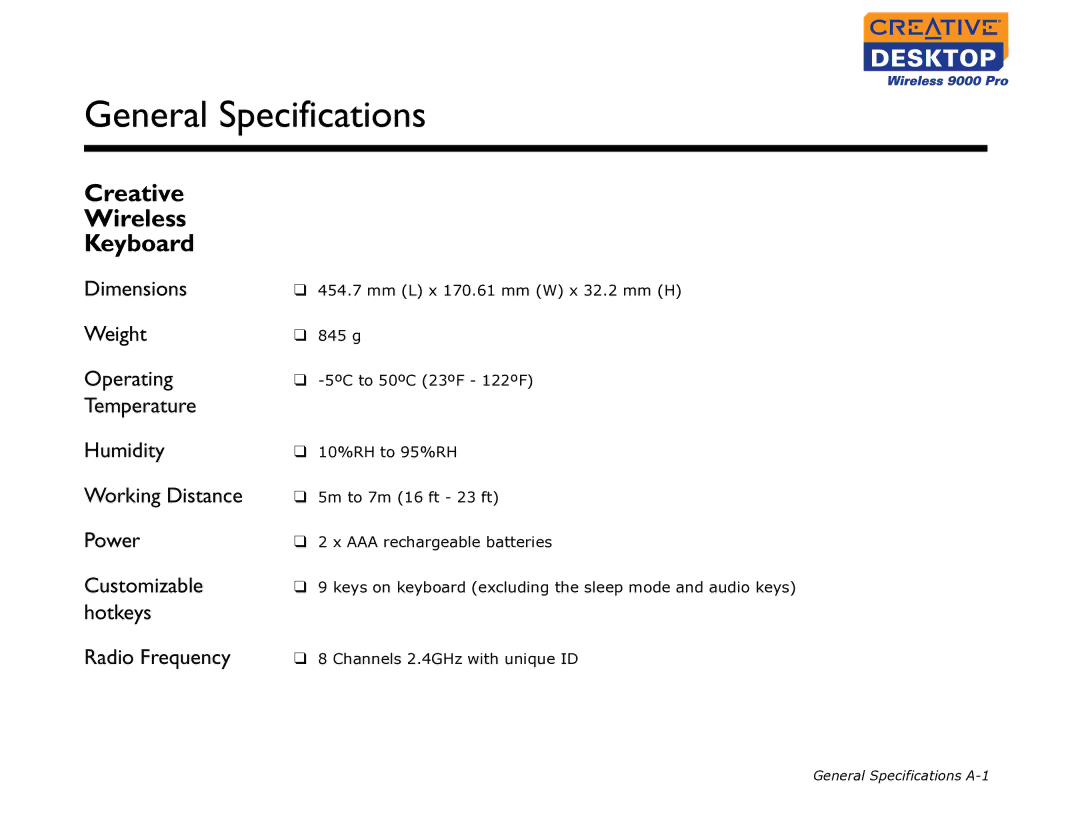 Creative 9000 Pro manual General Specifications, Creative Wireless Keyboard 