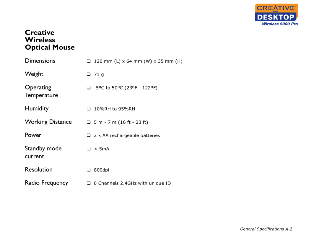 Creative 9000 Pro manual General Specifications A-2 