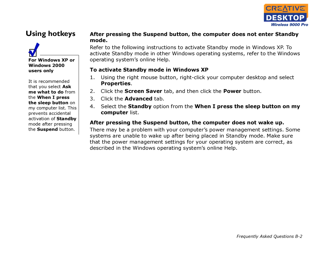 Creative 9000 Pro manual Using hotkeys, To activate Standby mode in Windows XP 