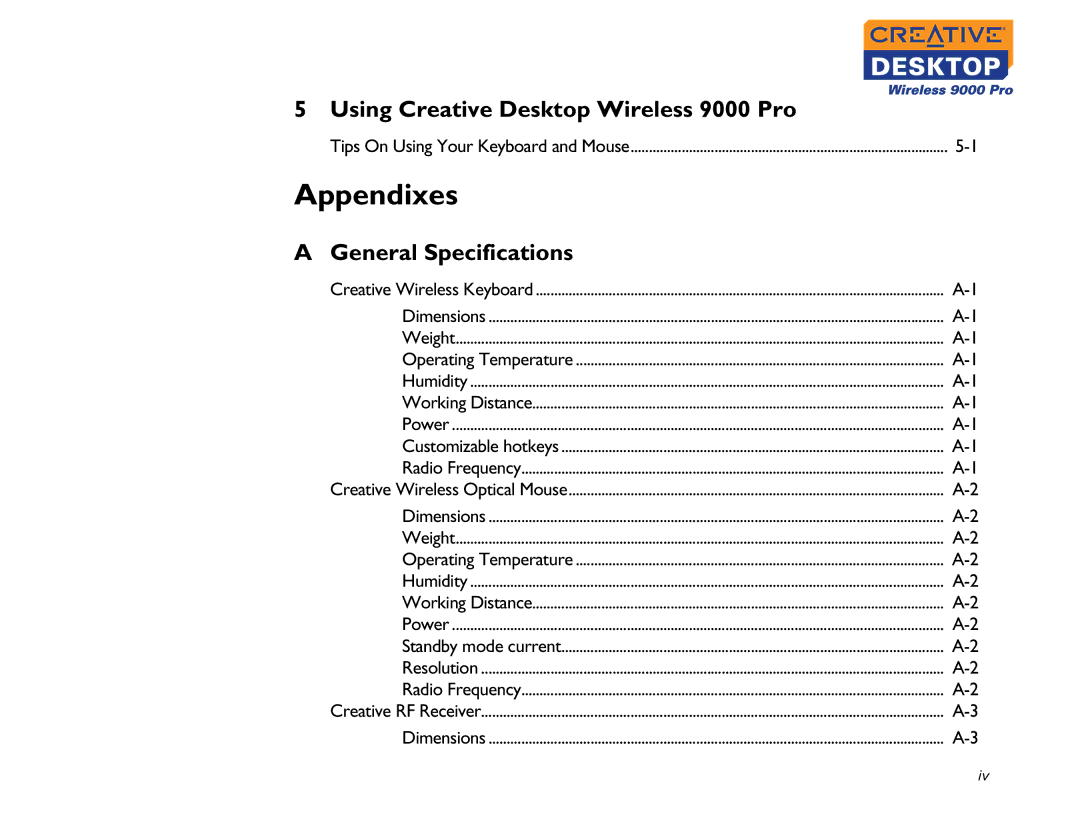 Creative 9000 Pro manual Appendixes 