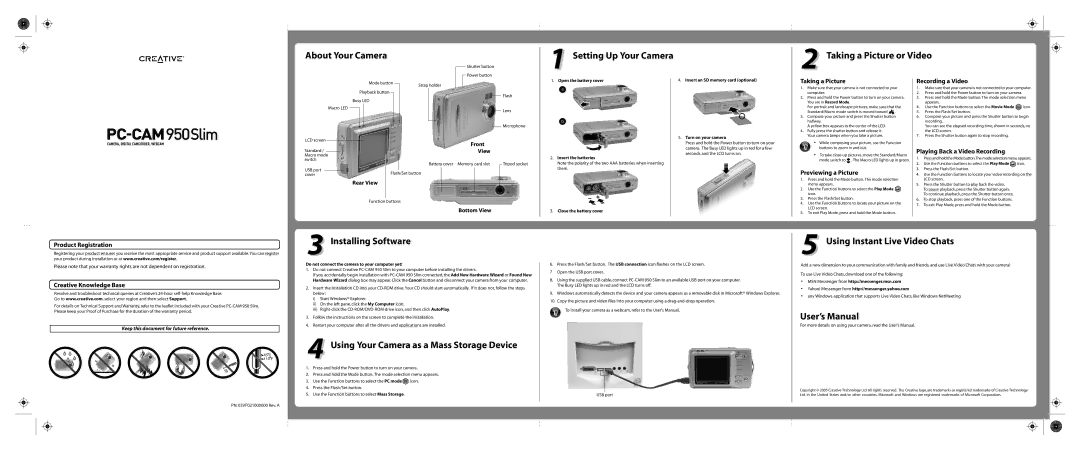 Creative 950 Slim warranty About Your Camera, Setting Up Your Camera Taking a Picture or Video, Installing Software 