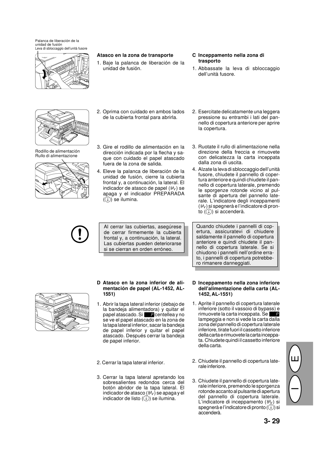 Creative AL-1252, AL-1551, AL-1043, AL-1452 manual Atasco en la zona de transporte, Inceppamento nella zona di trasporto 