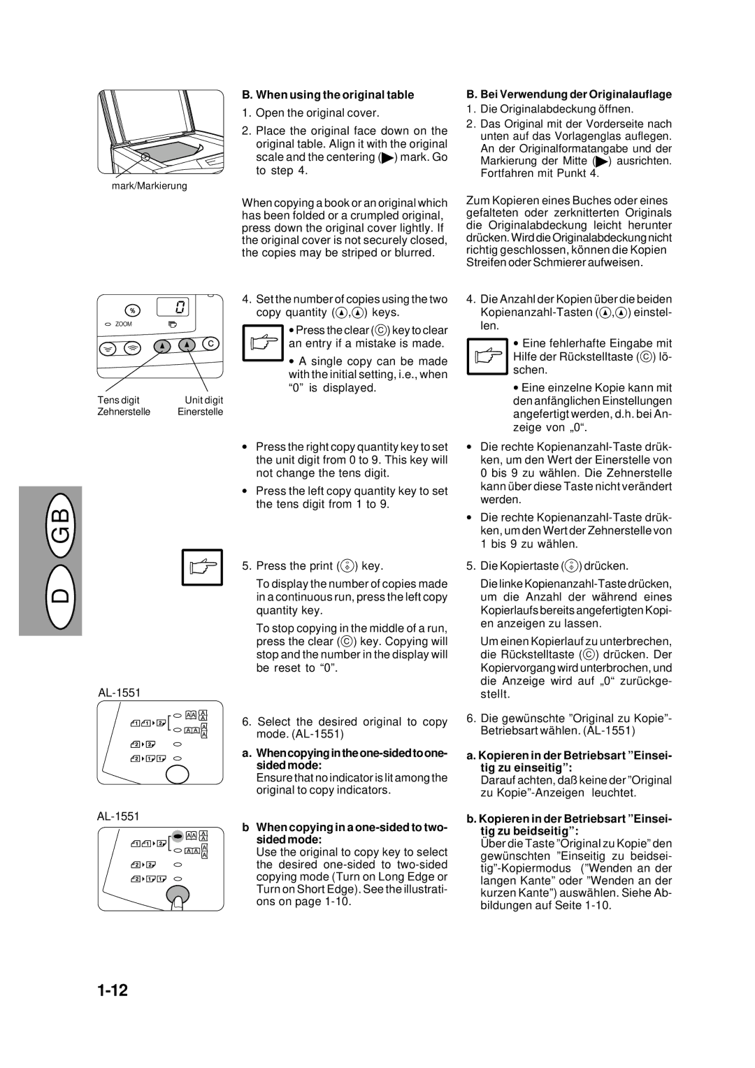 Creative AL-1452, AL-1551, AL-1043, AL-1252 manual When using the original table, Whencopyingintheone-sidedtoone- sided mode 