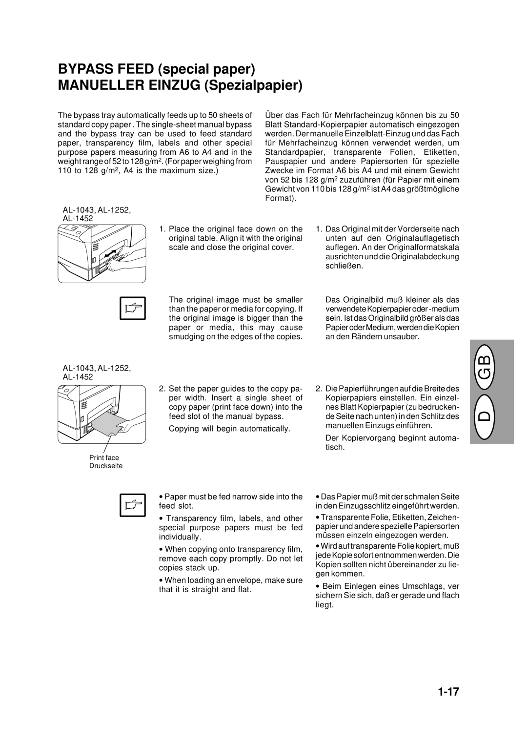 Creative AL-1252 manual Bypass Feed special paper Manueller Einzug Spezialpapier, Der Kopiervorgang beginnt automa- tisch 